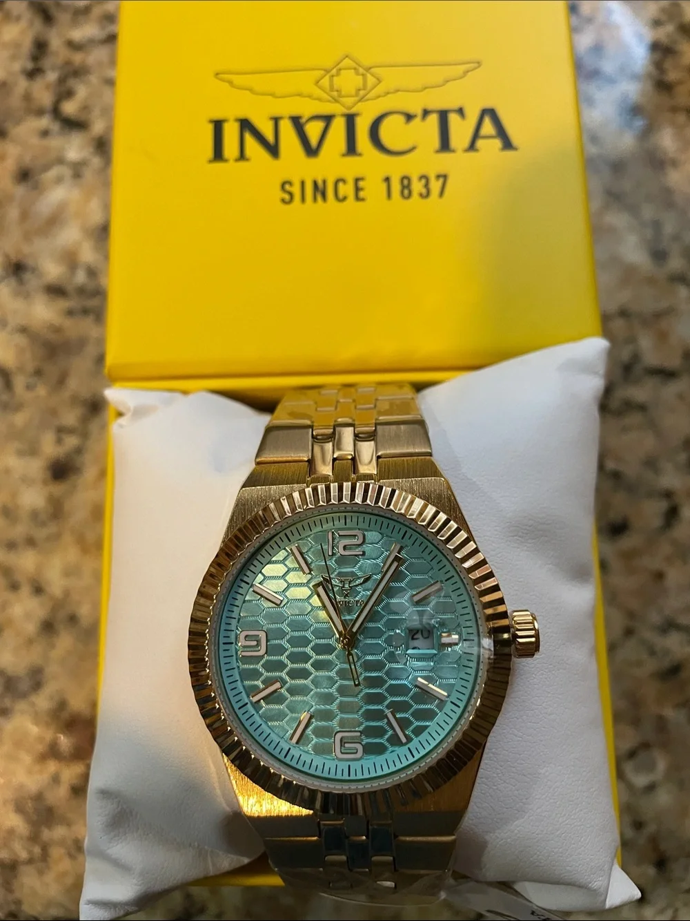 Invicta Specialty Gold-Tone Watch with Tiffany Blue Honeycomb Dial